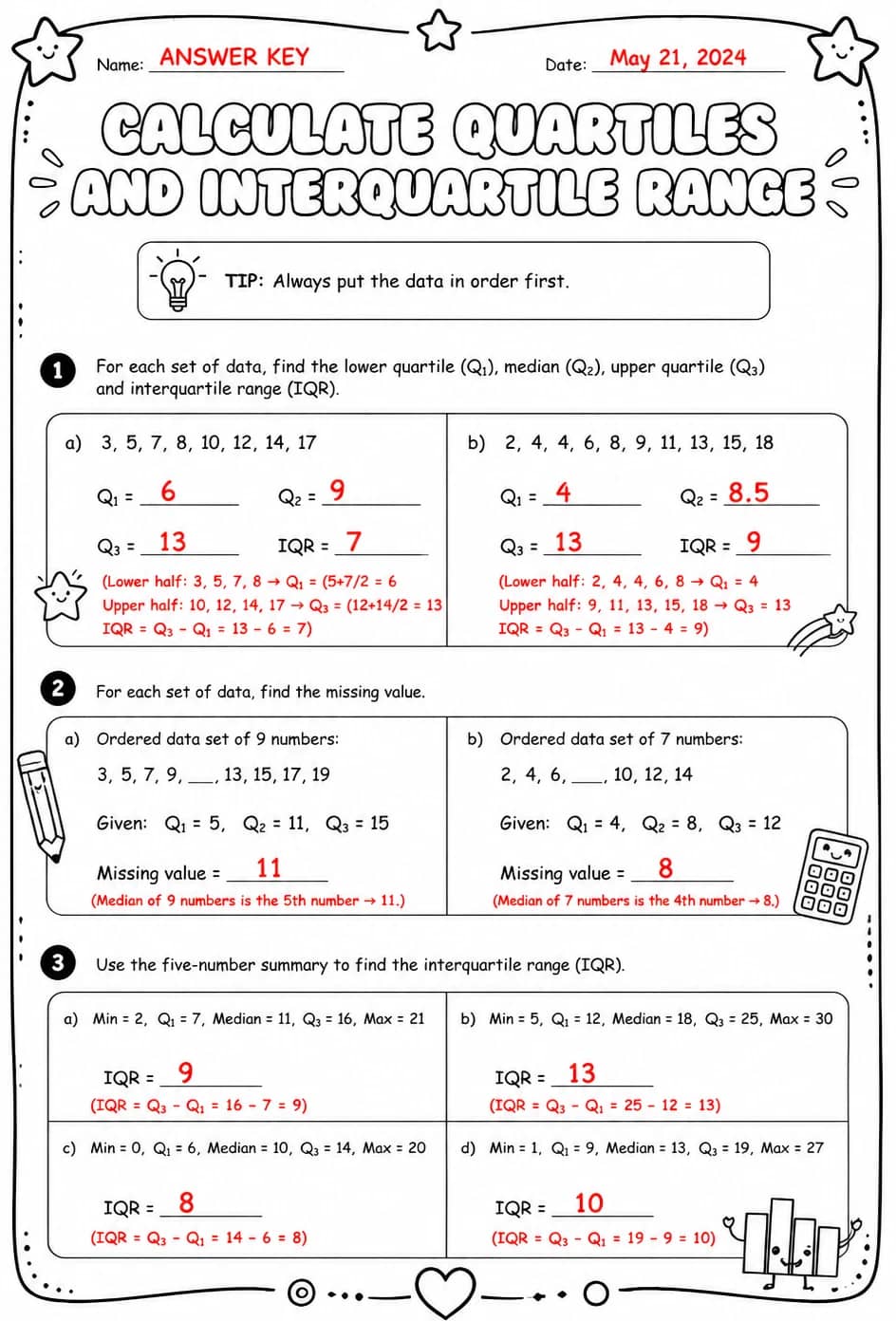 Answer key for Calculate quartiles and interquartile range — free printable Math worksheet