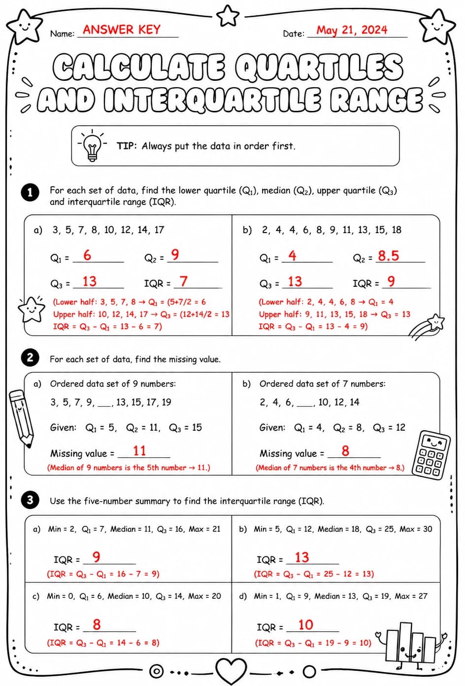 Answer key for Calculate quartiles and interquartile range — free printable Math worksheet
