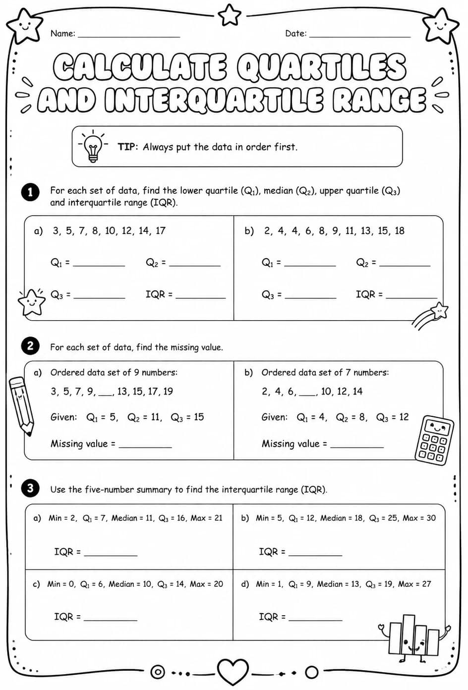 Calculate quartiles and interquartile range — free printable Grade 7 math worksheet