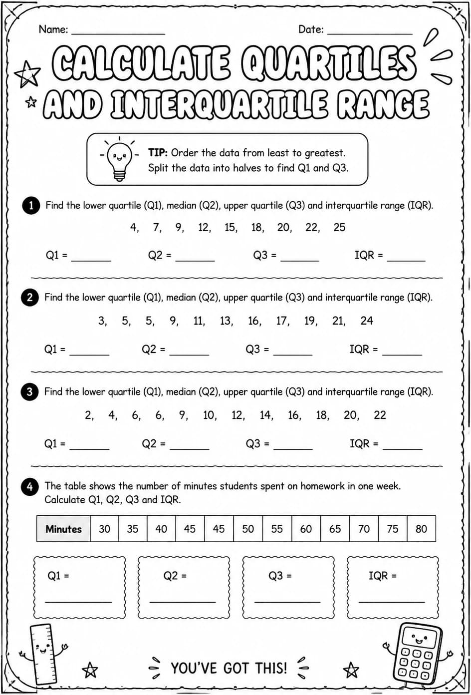 Calculate quartiles and interquartile range — free printable Grade 8 math worksheet