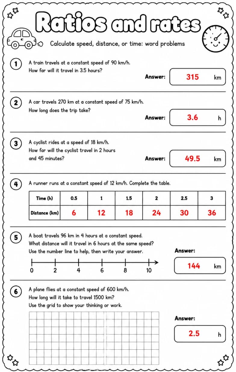 Answer key for Calculate speed, distance, or time: word problems — free printable Math worksheet