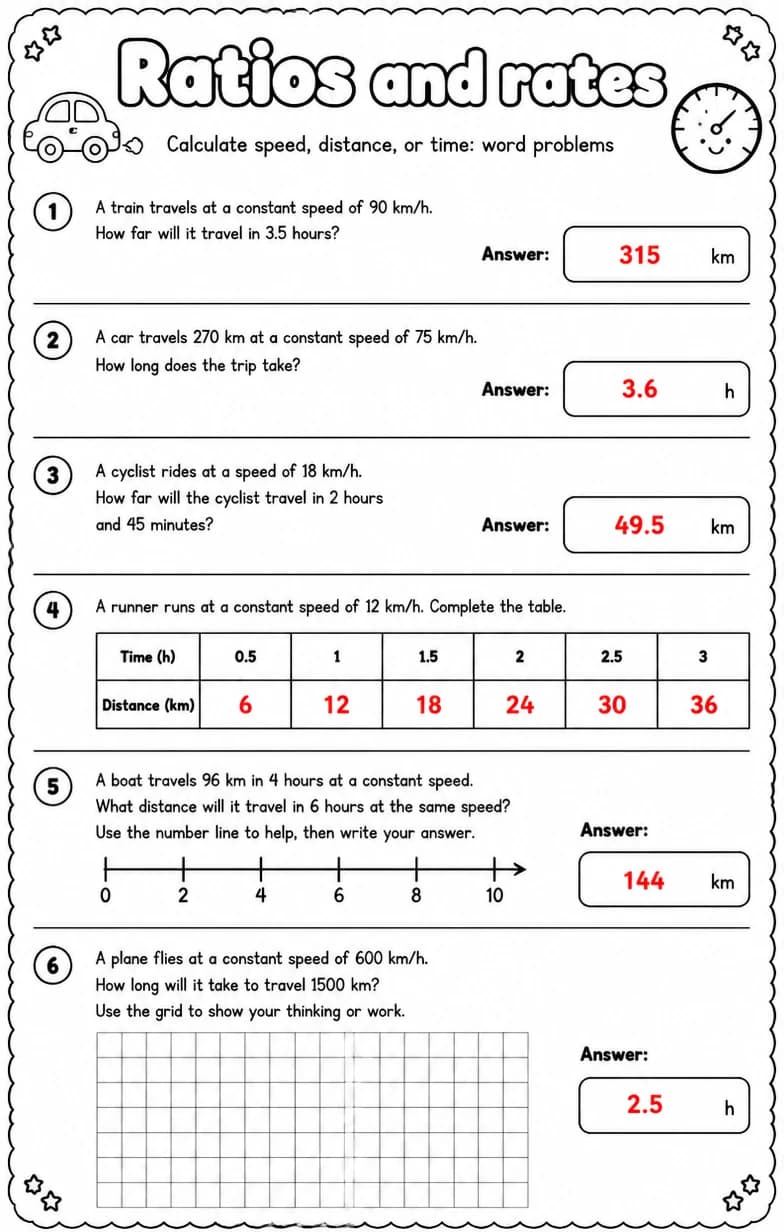 Answer key for Calculate speed, distance, or time: word problems — free printable Math worksheet