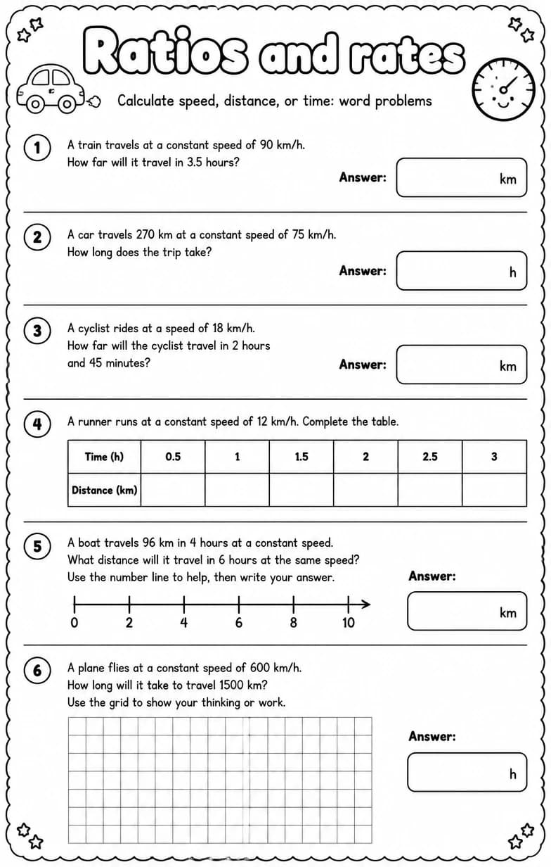 Calculate speed, distance, or time: word problems — free printable Grade 6 math worksheet