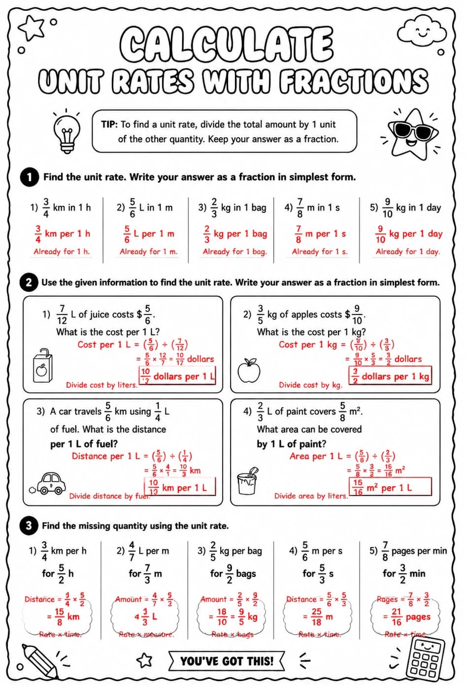 Answer key for Calculate unit rates with fractions — free printable Math worksheet