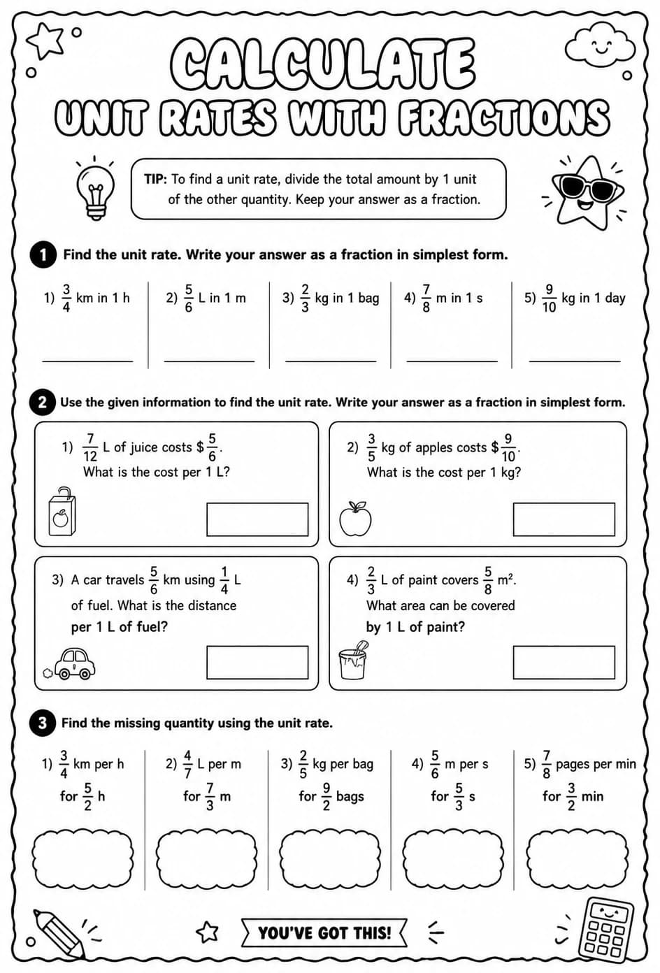 Calculate unit rates with fractions — free printable Grade 7 math worksheet