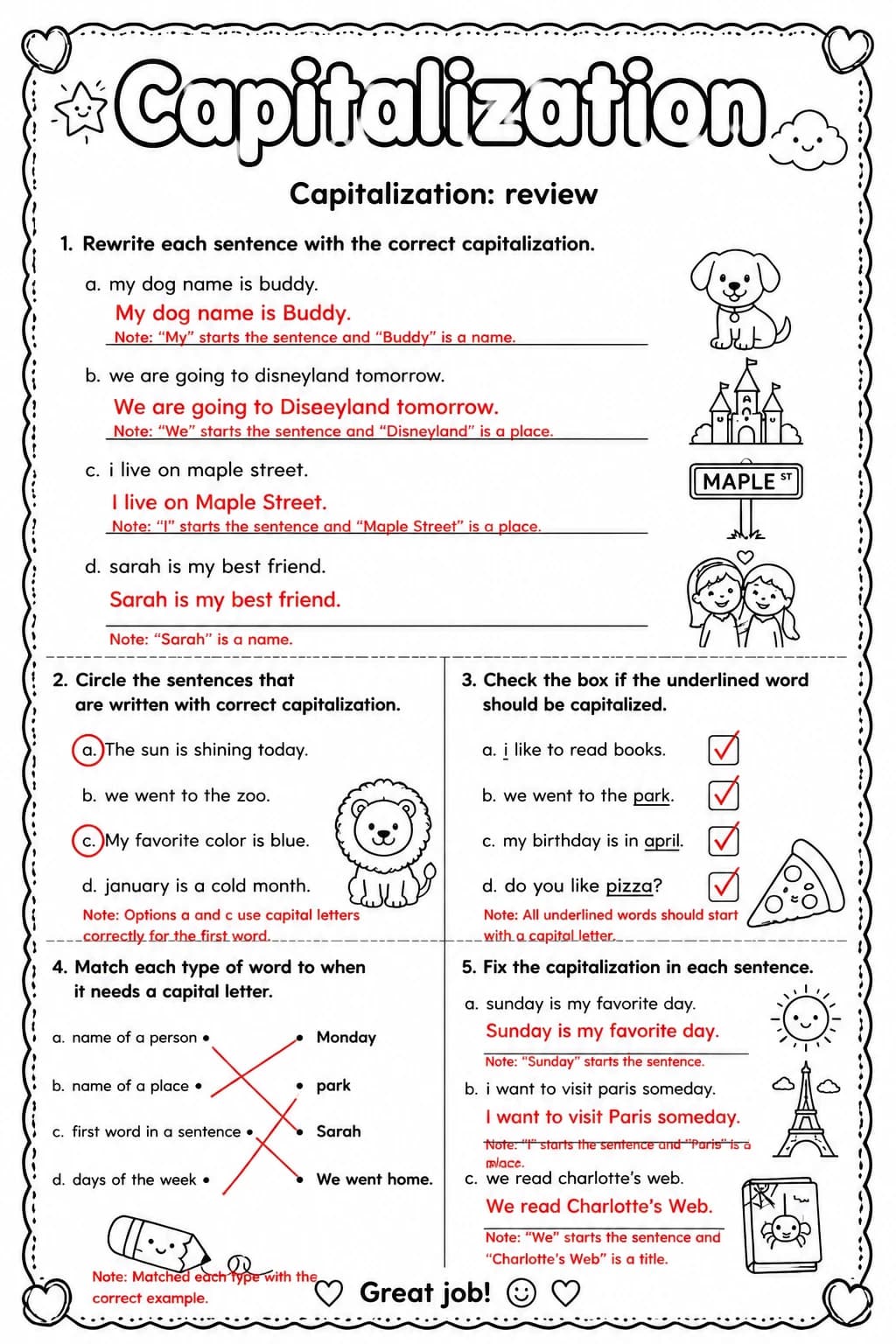 Answer key for Capitalization: review — free printable English & Reading worksheet