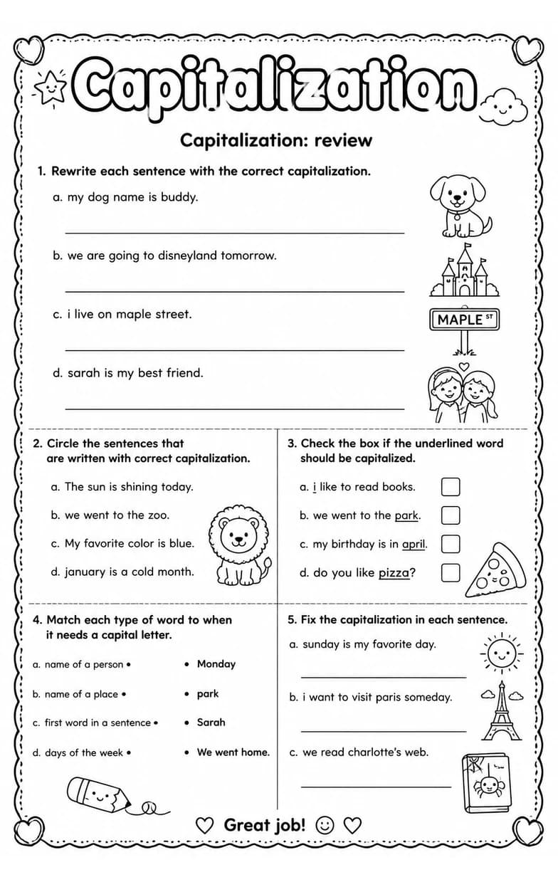 Capitalization: review — free printable Grade 2 English & Reading worksheet