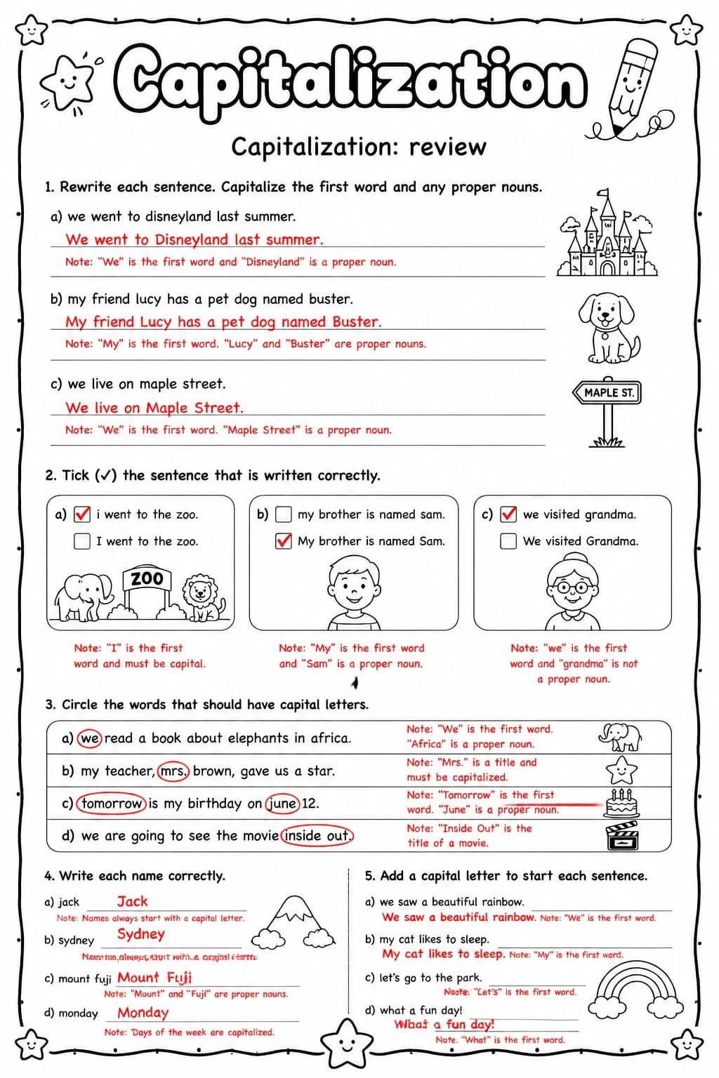 Answer key for Capitalization: review — free printable English & Reading worksheet
