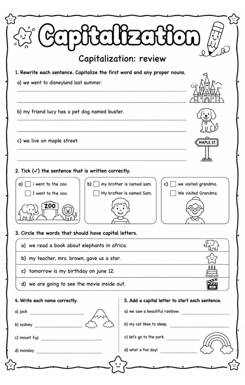 Capitalization: review — free printable Grade 3 English & Reading worksheet