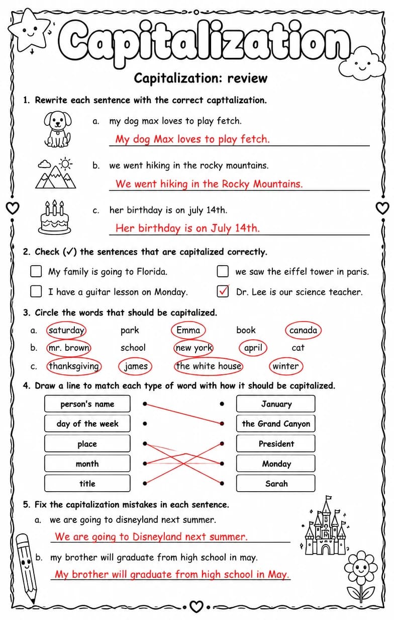 Answer key for Capitalization: review — free printable English & Reading worksheet