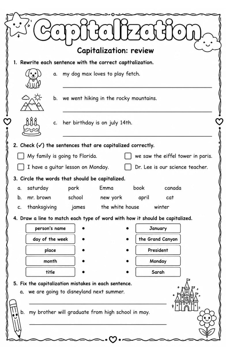 Capitalization: review — free printable Grade 4 English & Reading worksheet