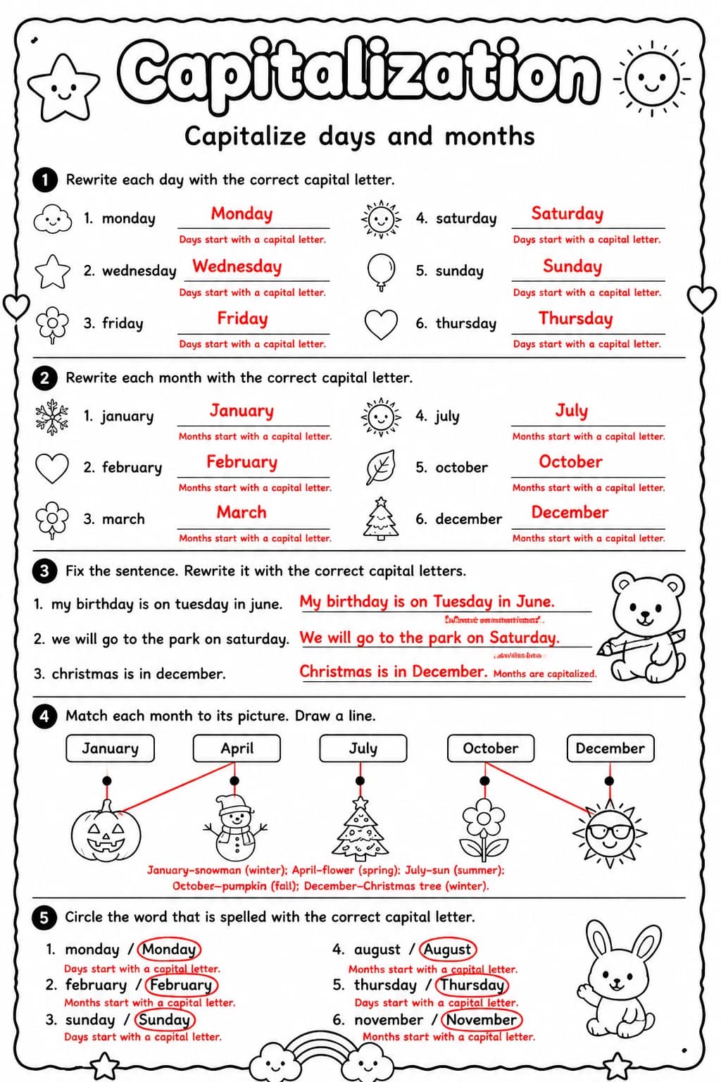 Answer key for Capitalize days and months — free printable English & Reading worksheet