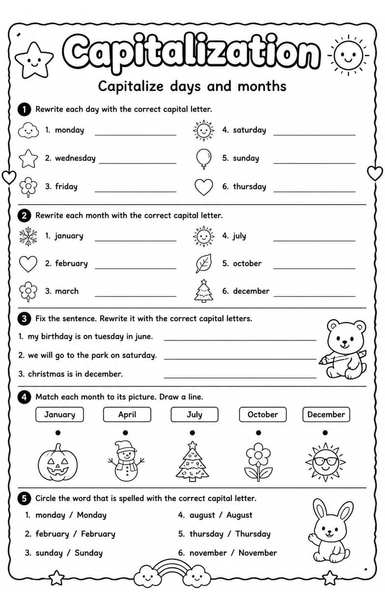 Capitalize days and months — free printable Grammar and mechanics English worksheet