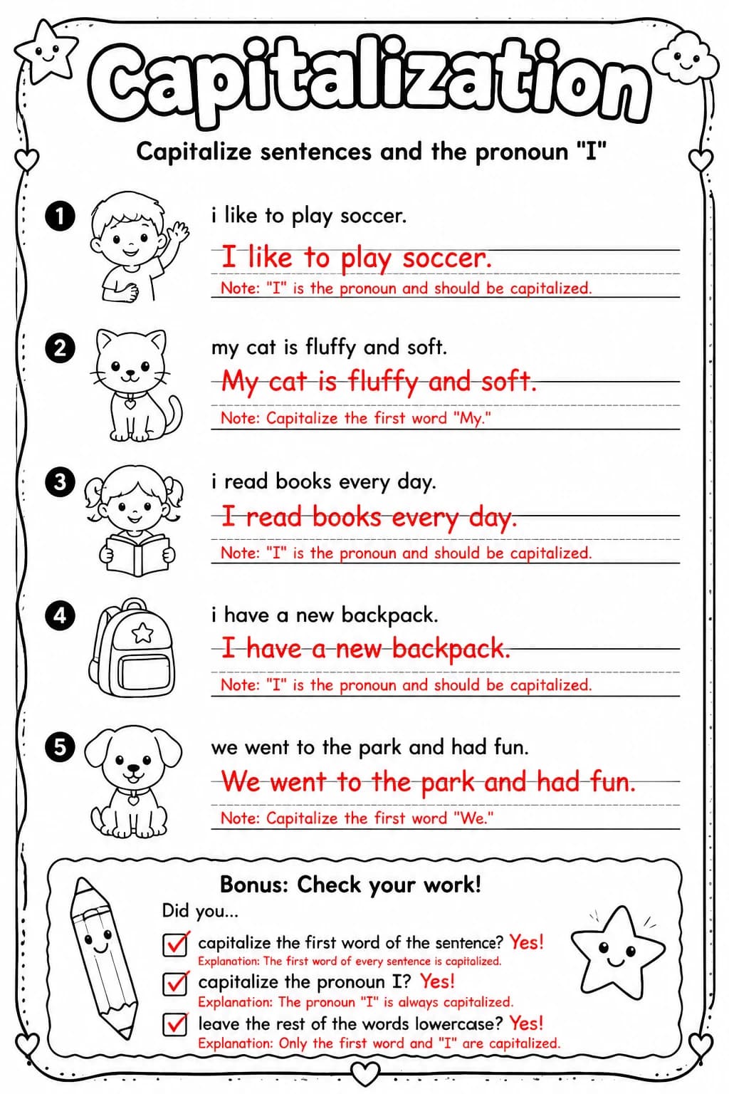 Answer key for Capitalize sentences and the pronoun "I" — free printable English & Reading worksheet