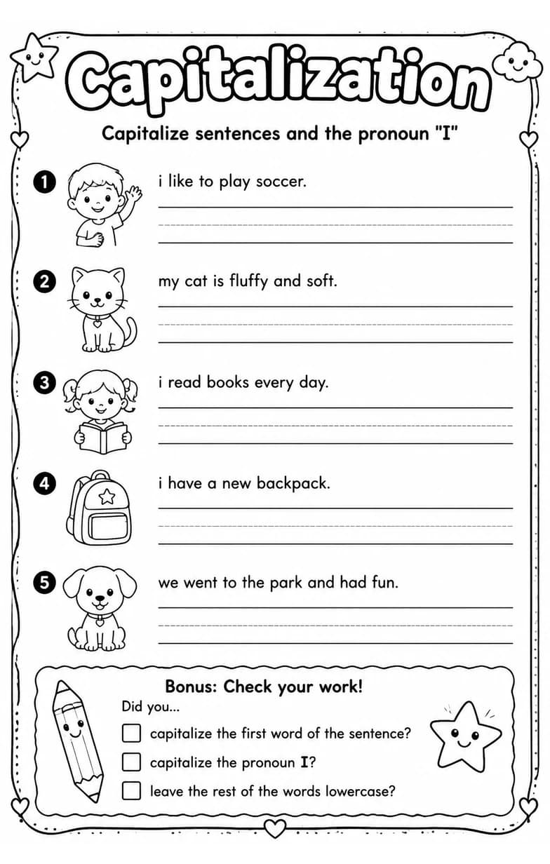 Capitalize sentences and the pronoun "I" — free printable Grade 1 English & Reading worksheet