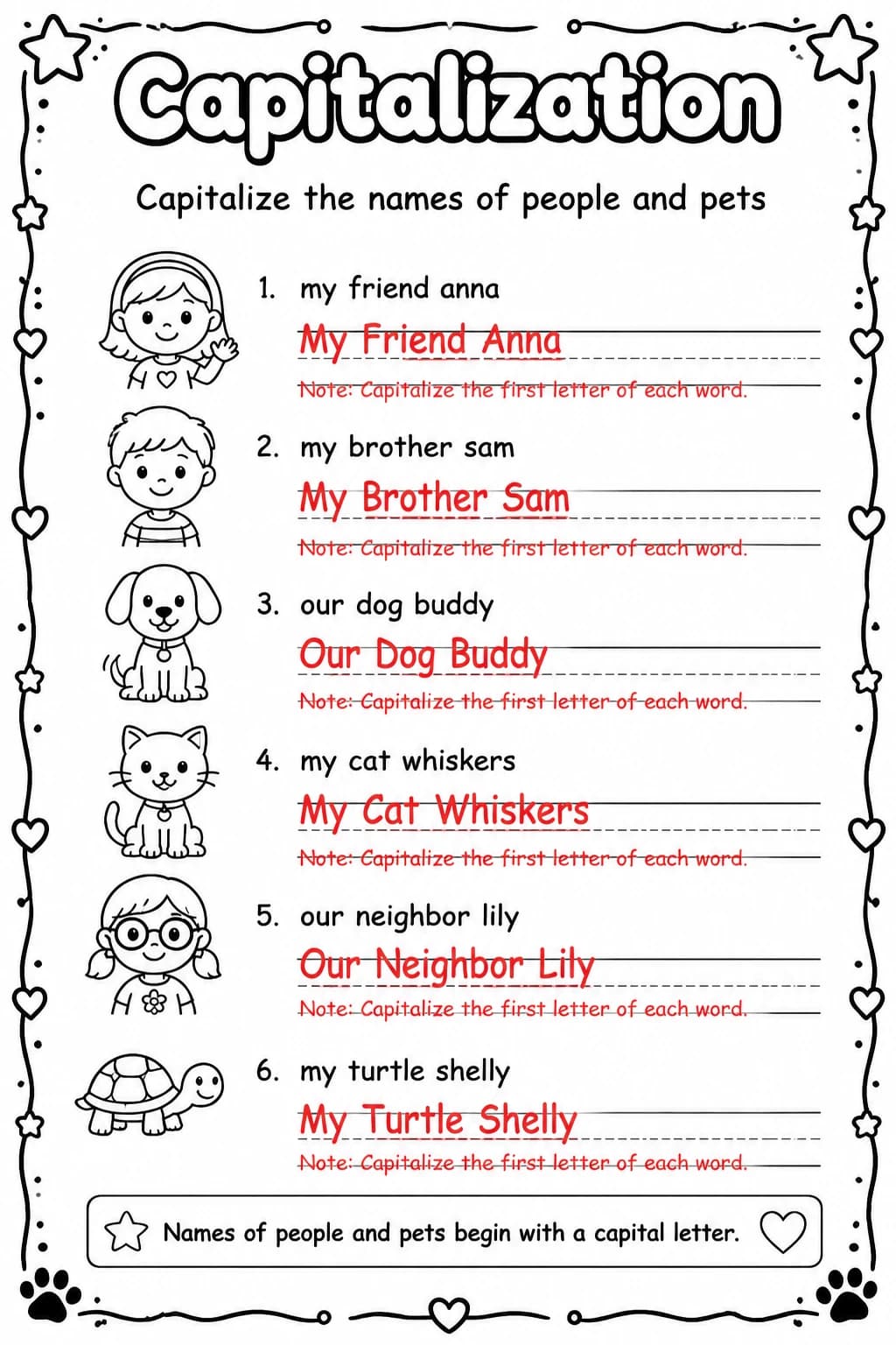 Answer key for Capitalize the names of people and pets — free printable English & Reading worksheet