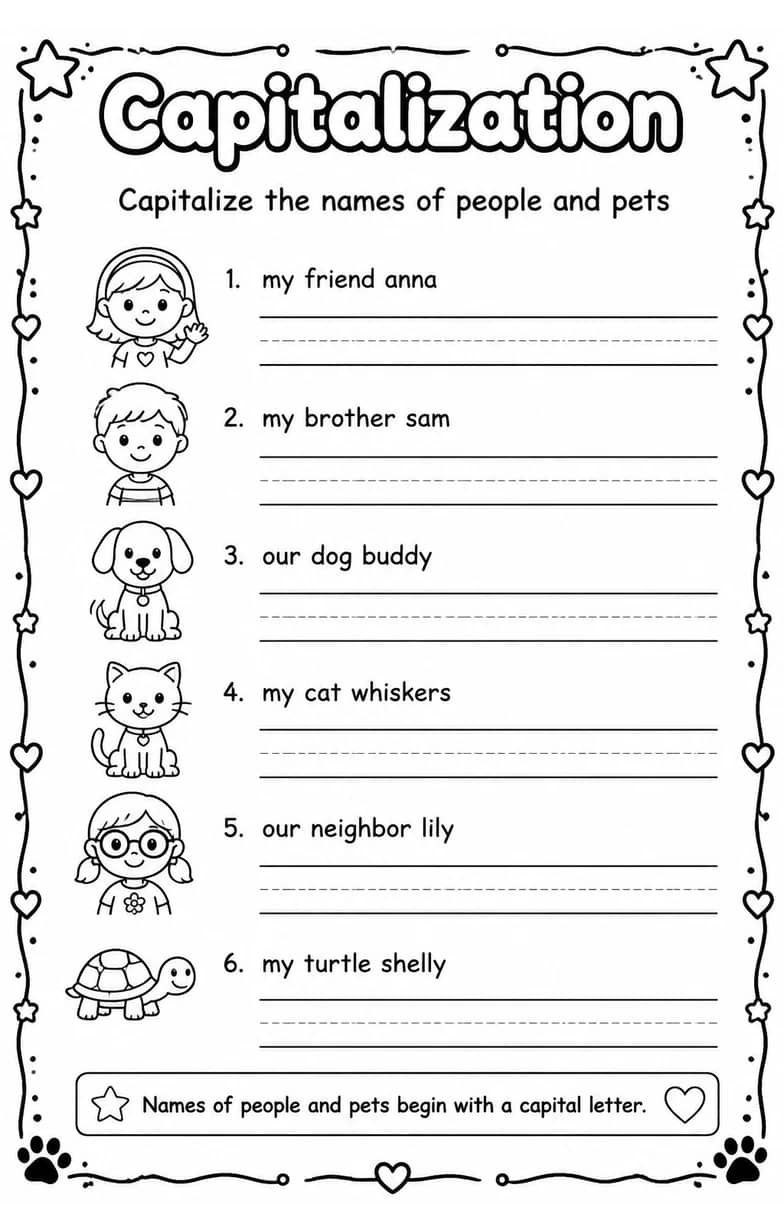 Capitalize the names of people and pets — free printable Grammar and mechanics English worksheet