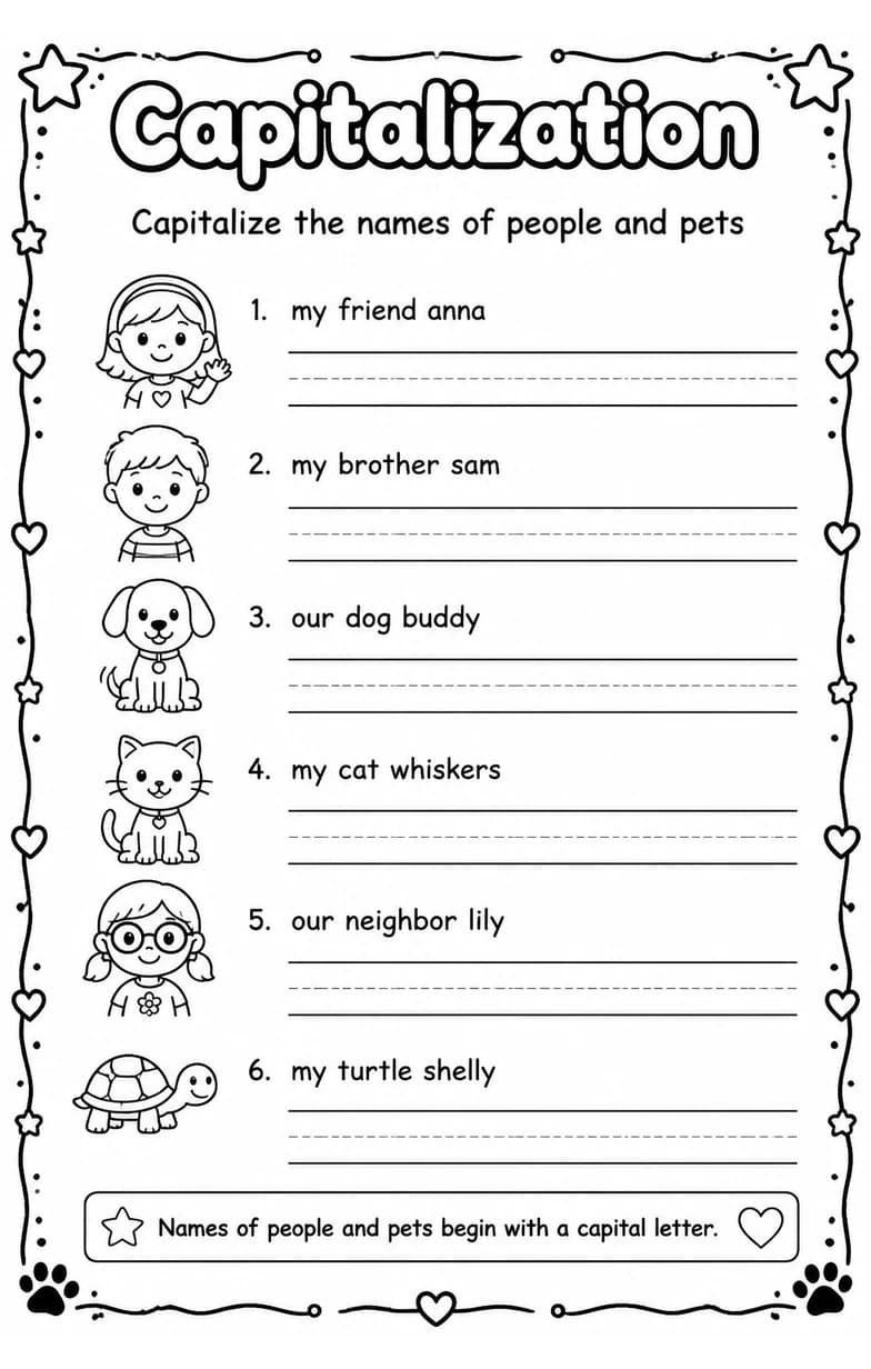 Capitalize the names of people and pets — free printable Grammar and mechanics English worksheet
