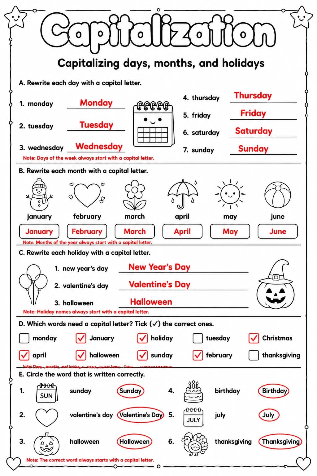 Answer key for Capitalizing days, months, and holidays — free printable English & Reading worksheet