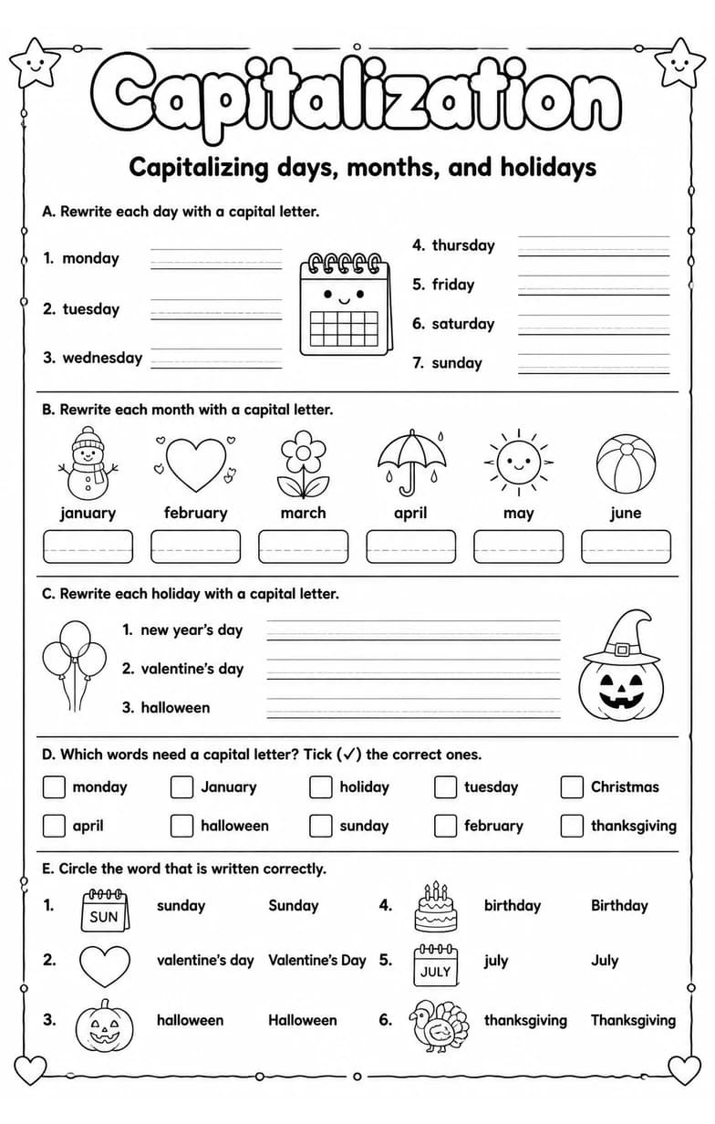 Capitalizing days, months, and holidays — free printable Grammar and mechanics English worksheet