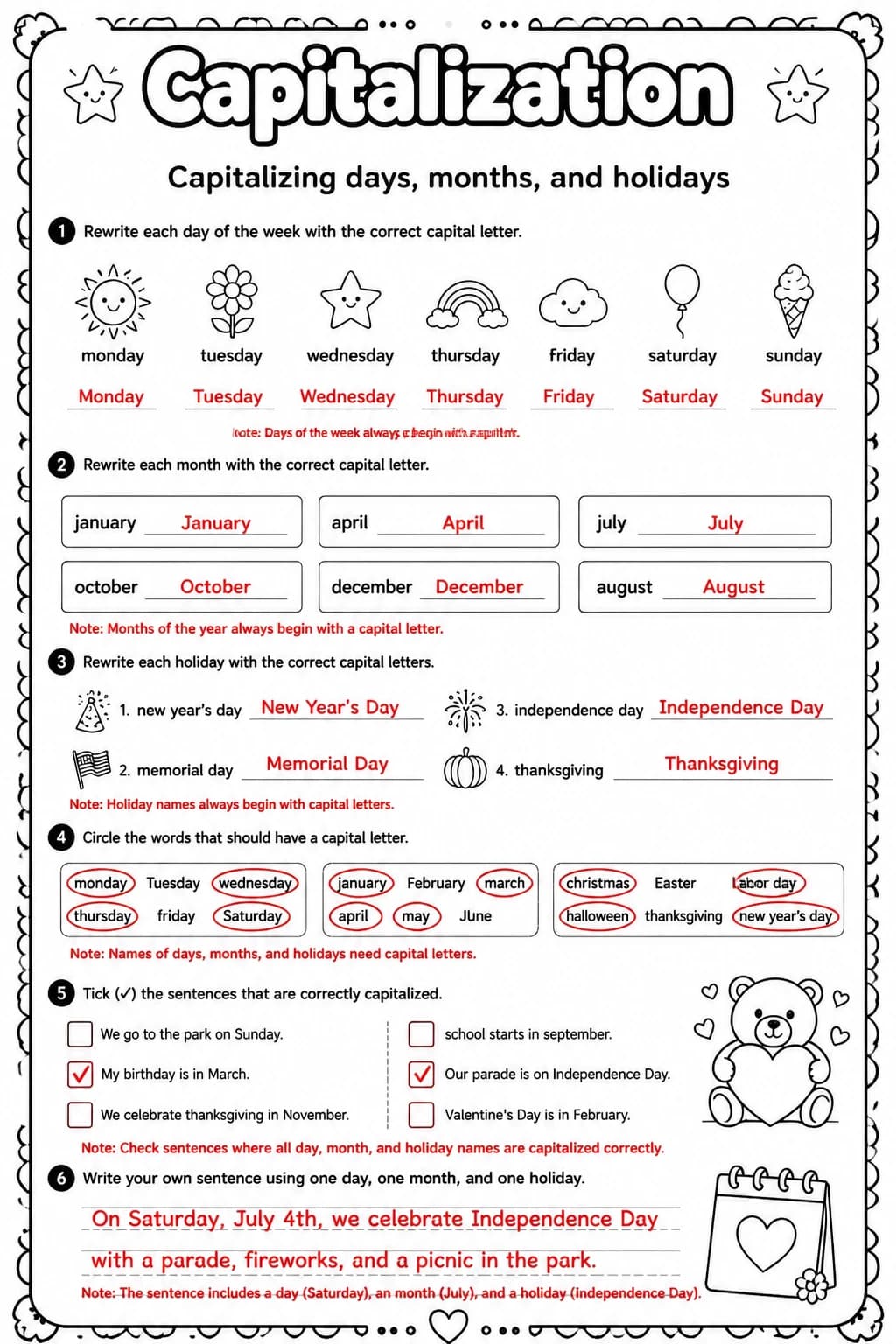 Answer key for Capitalizing days, months, and holidays — free printable English & Reading worksheet