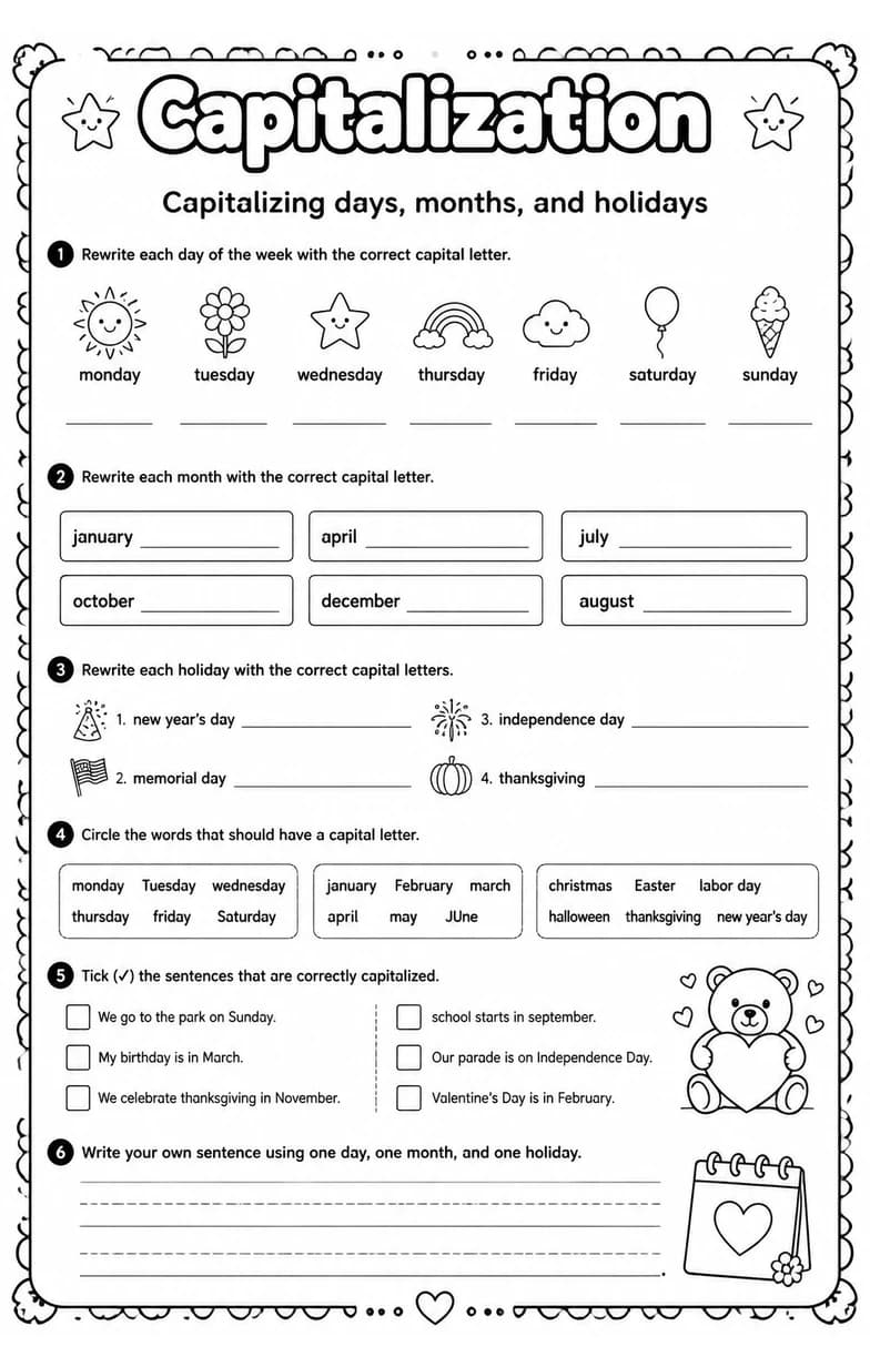 Capitalizing days, months, and holidays — free printable Grammar and mechanics English worksheet