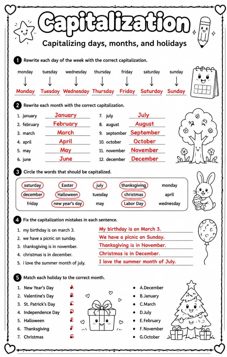 Answer key for Capitalizing days, months, and holidays — free printable English & Reading worksheet
