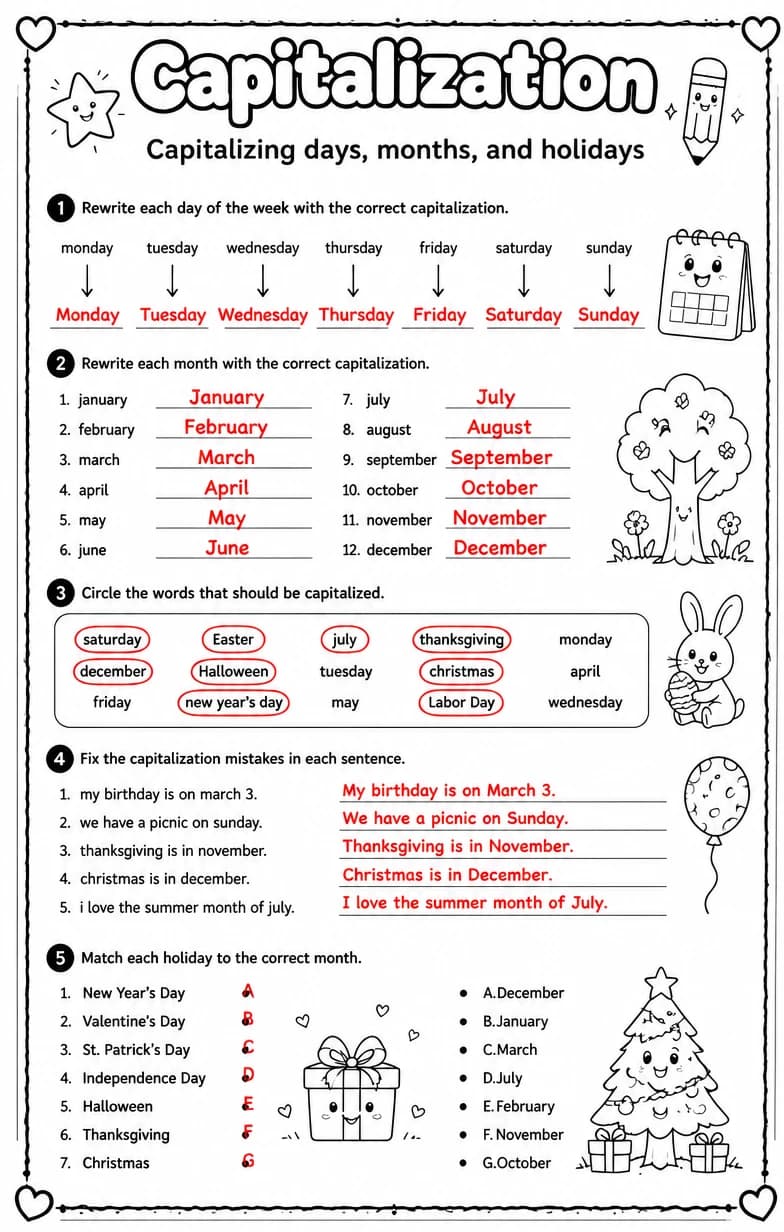 Answer key for Capitalizing days, months, and holidays — free printable English & Reading worksheet