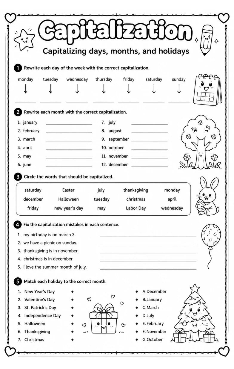Capitalizing days, months, and holidays — free printable Grade 4 English & Reading worksheet