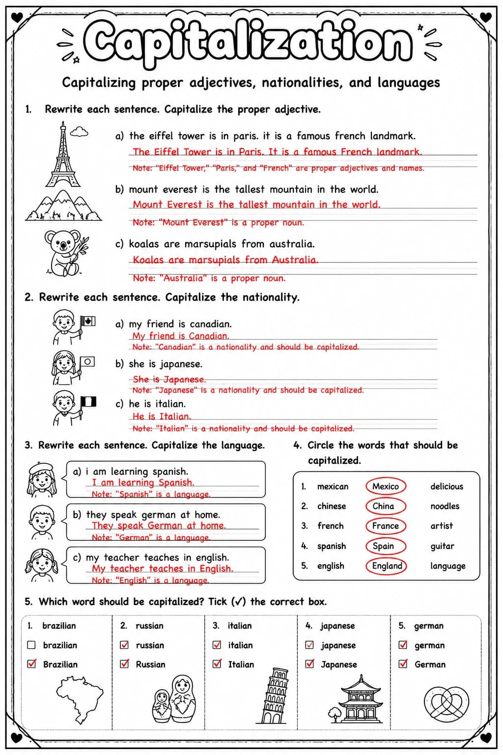 Answer key for Capitalizing proper adjectives, nationalities, and languages — free printable English & Reading worksheet