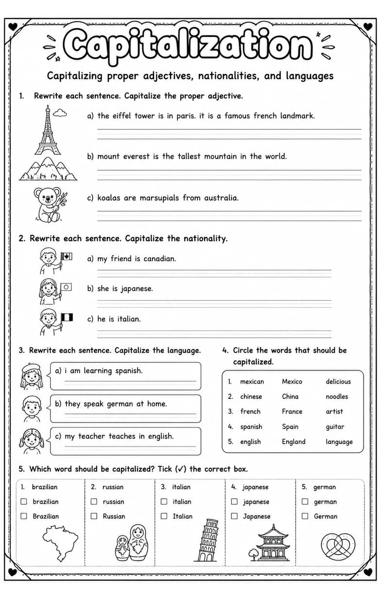 Capitalizing proper adjectives, nationalities, and languages — free printable Grade 3 English & Reading worksheet