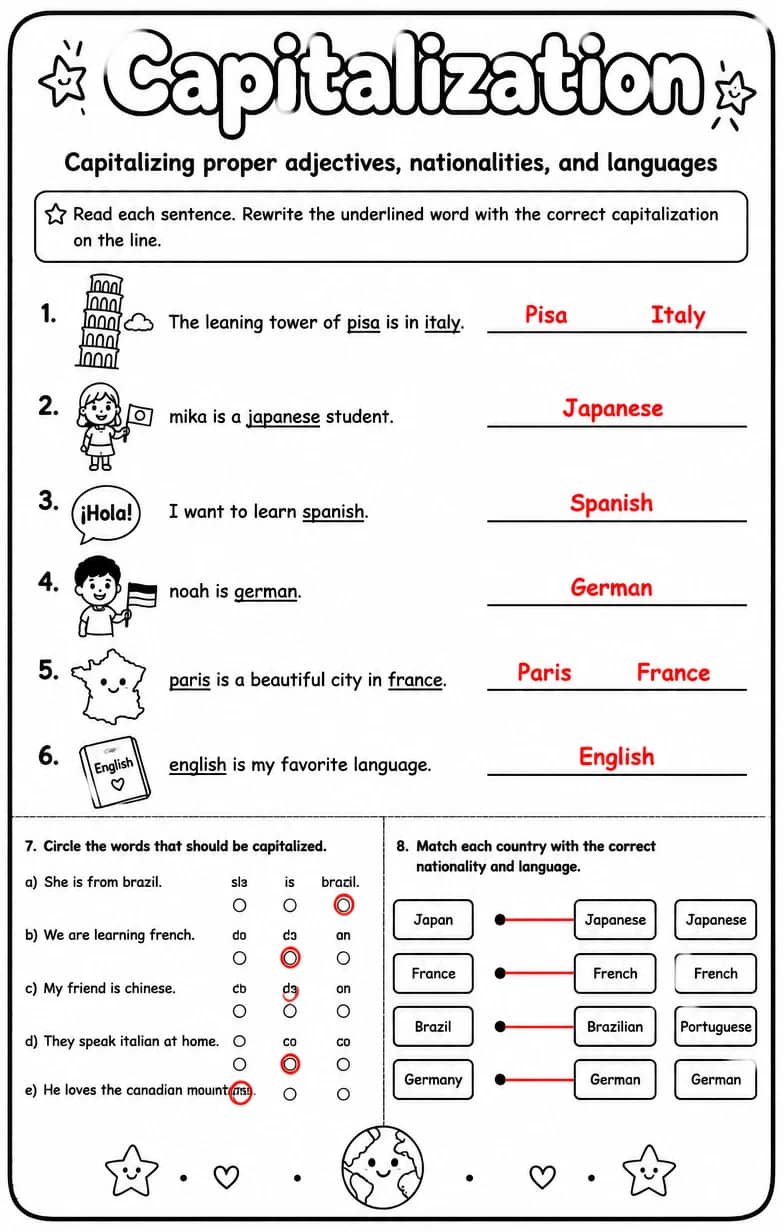 Answer key for Capitalizing proper adjectives, nationalities, and languages — free printable English & Reading worksheet