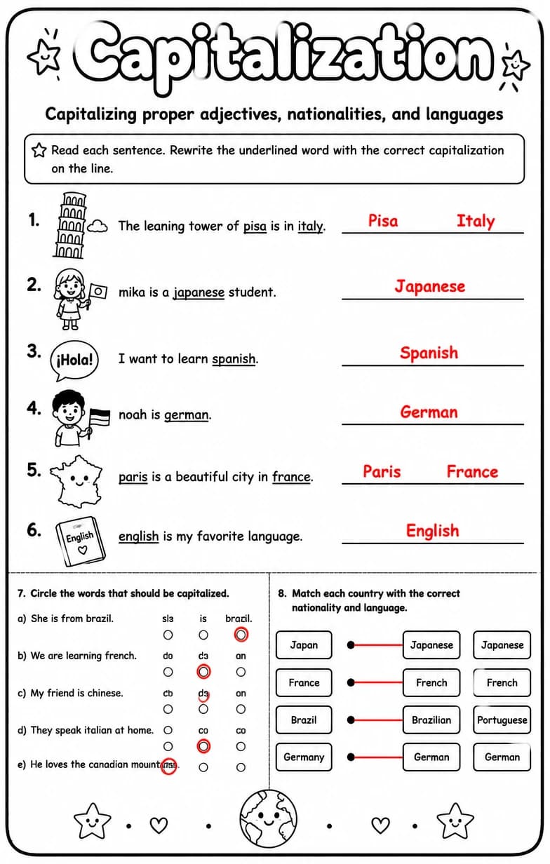 Answer key for Capitalizing proper adjectives, nationalities, and languages — free printable English & Reading worksheet