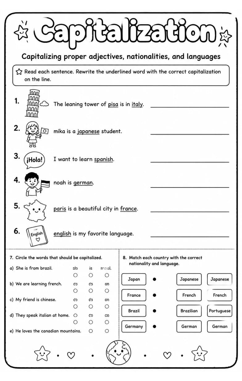 Capitalizing proper adjectives, nationalities, and languages — free printable Grade 4 English & Reading worksheet