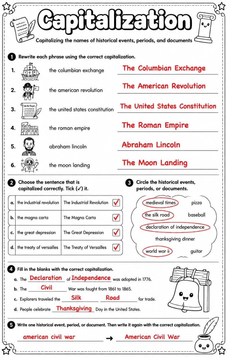 Answer key for Capitalizing the names of historical events, periods, and documents — free printable English & Reading worksheet