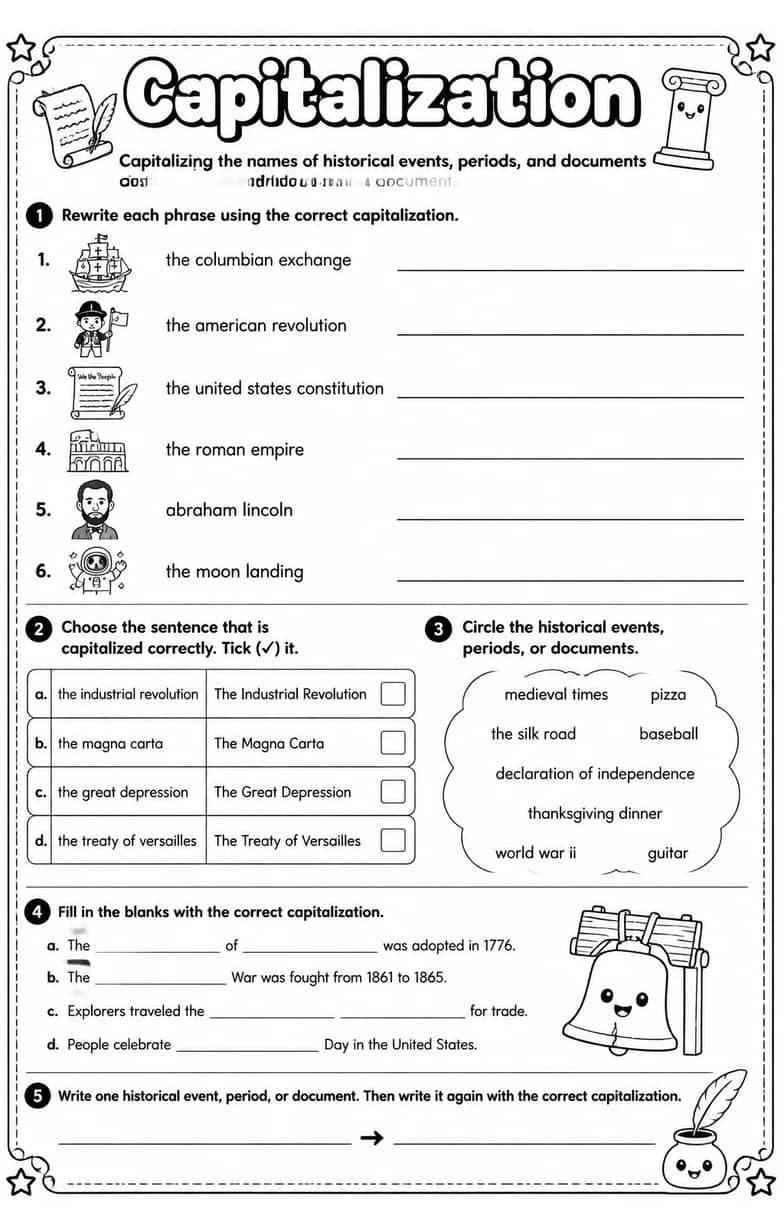 Capitalizing the names of historical events, periods, and documents — free printable Grammar and mechanics English worksheet
