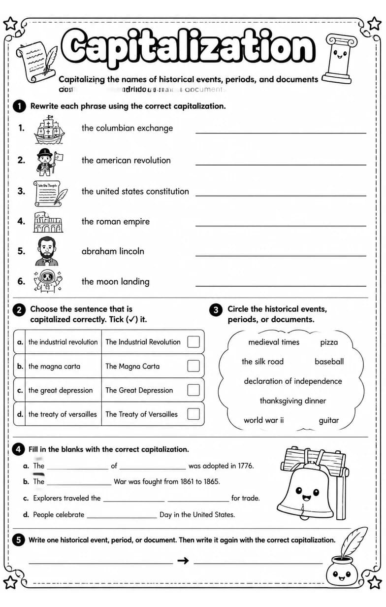 Capitalizing the names of historical events, periods, and documents — free printable Grammar and mechanics English worksheet