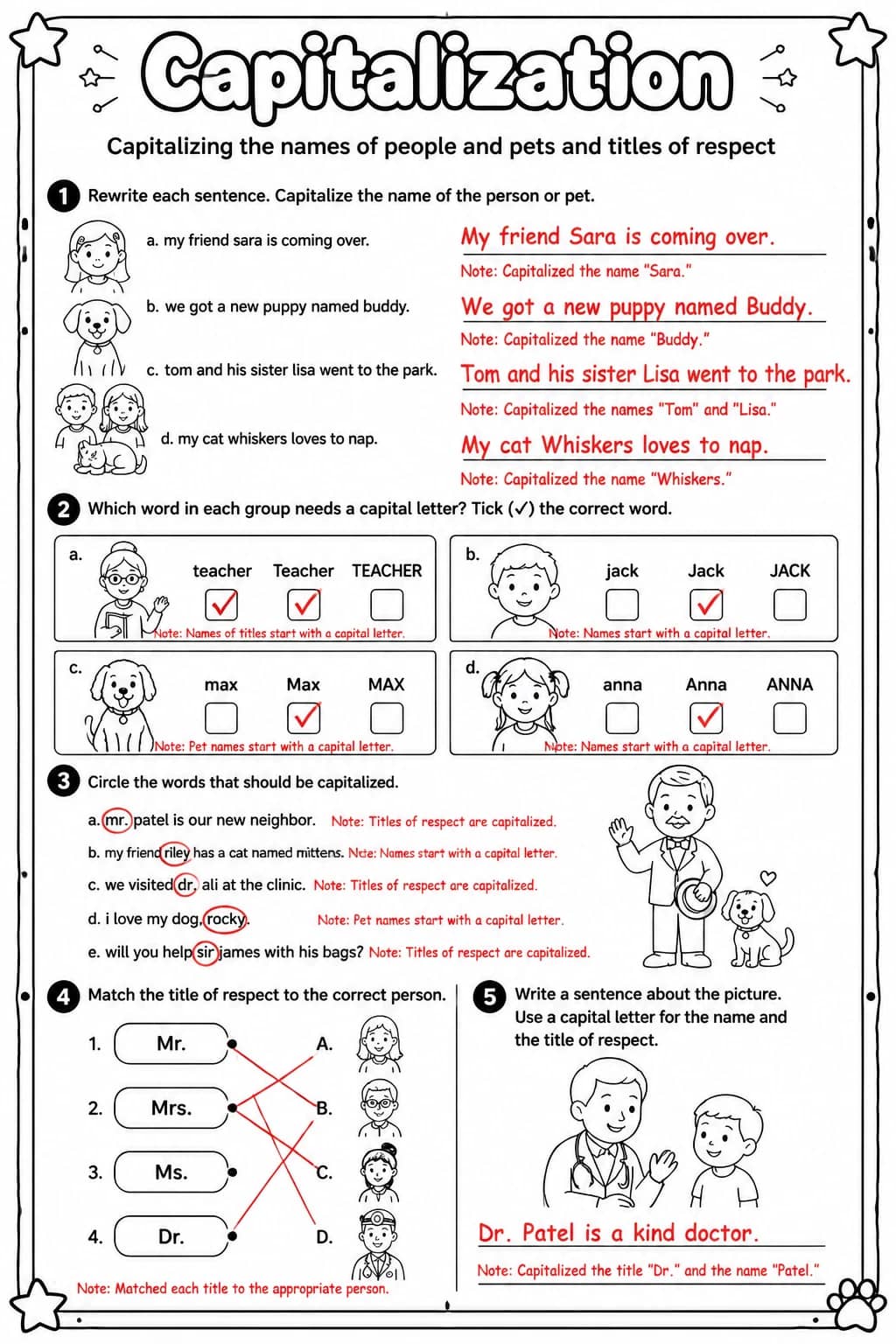 Answer key for Capitalizing the names of people and pets and titles of respect — free printable English & Reading worksheet