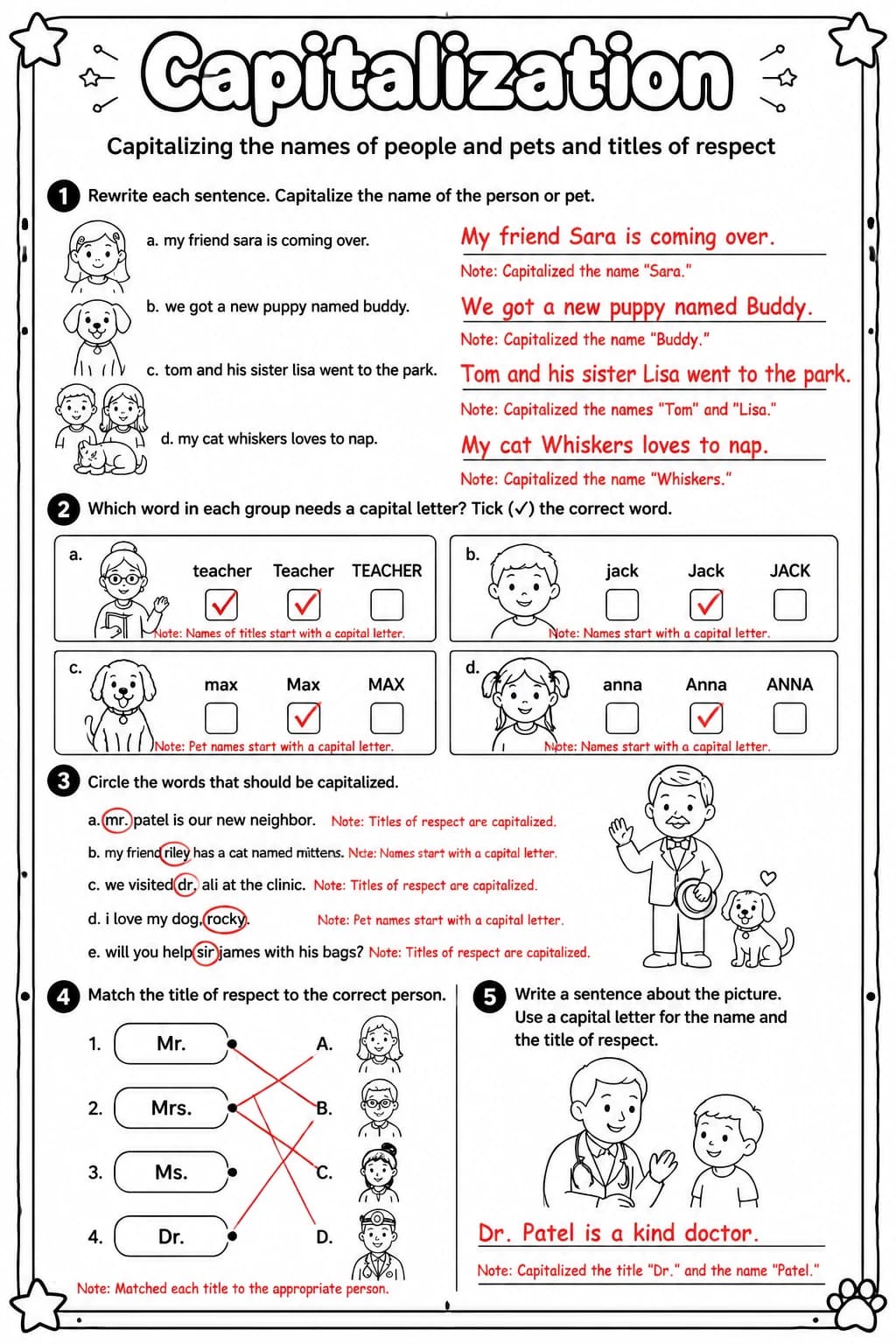 Answer key for Capitalizing the names of people and pets and titles of respect — free printable English & Reading worksheet