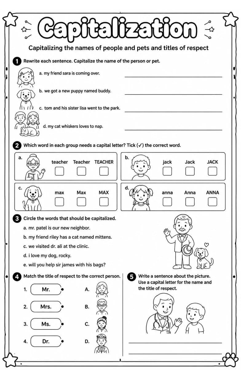 Capitalizing the names of people and pets and titles of respect — free printable Grade 3 English & Reading worksheet