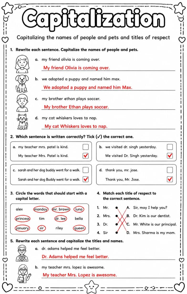 Answer key for Capitalizing the names of people and pets and titles of respect — free printable English & Reading worksheet