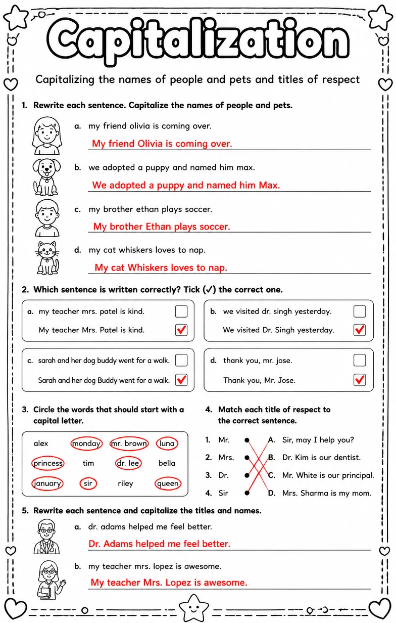 Answer key for Capitalizing the names of people and pets and titles of respect — free printable English & Reading worksheet