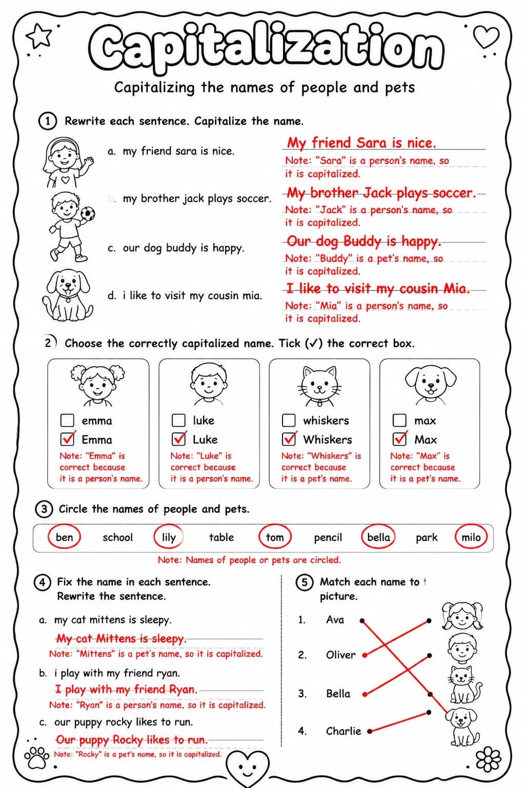 Answer key for Capitalizing the names of people and pets — free printable English & Reading worksheet