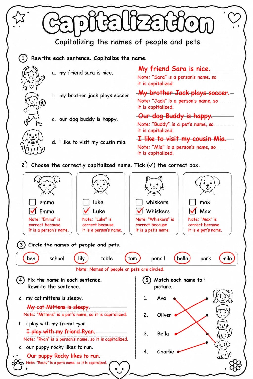 Answer key for Capitalizing the names of people and pets — free printable English & Reading worksheet