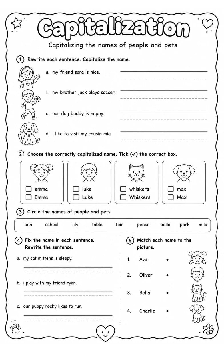 Capitalizing the names of people and pets — free printable Grade 2 English & Reading worksheet