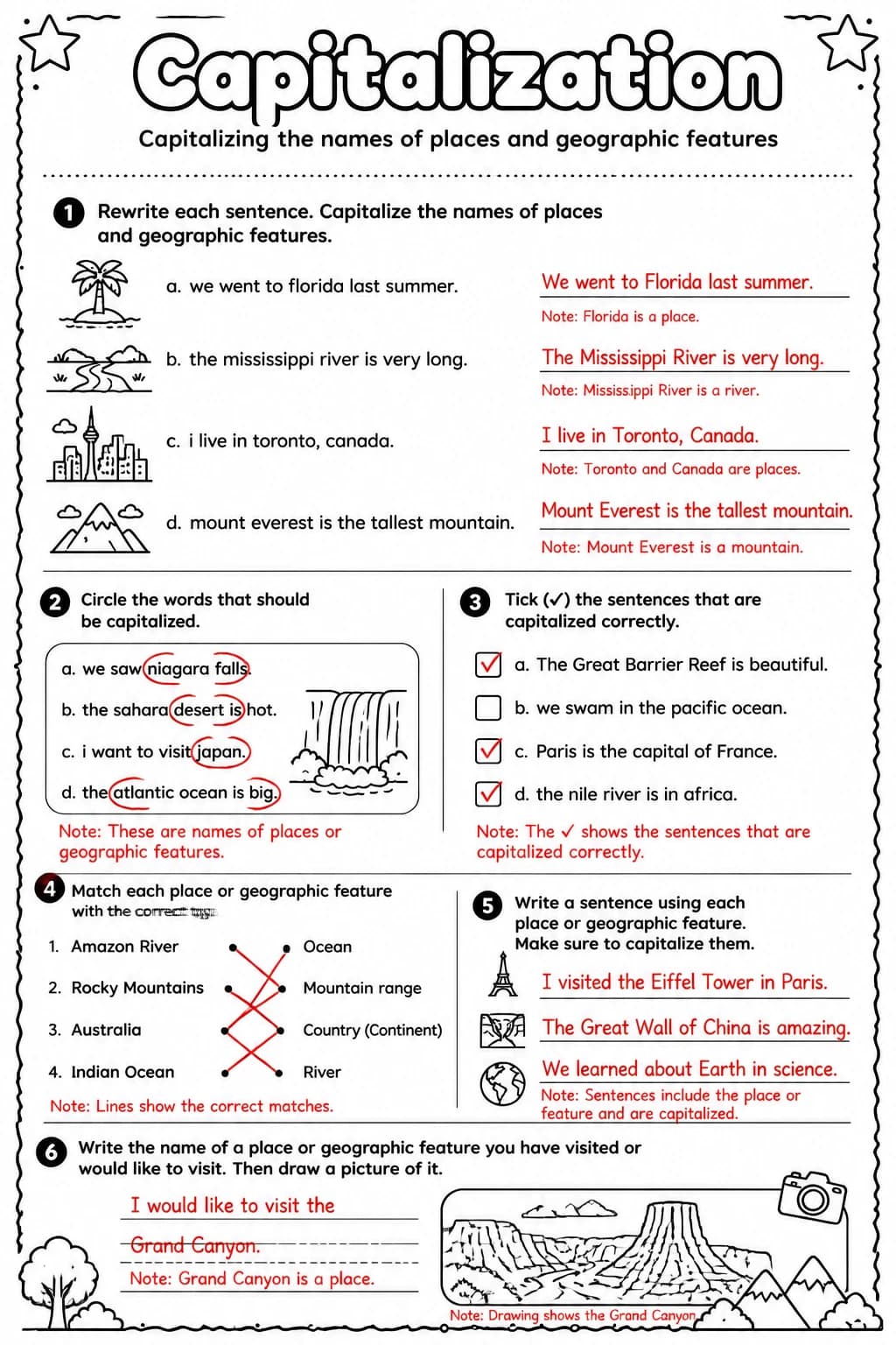 Answer key for Capitalizing the names of places and geographic features — free printable English & Reading worksheet