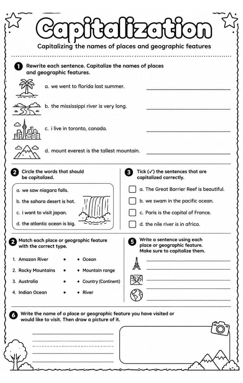 Capitalizing the names of places and geographic features — free printable Grade 2 English & Reading worksheet