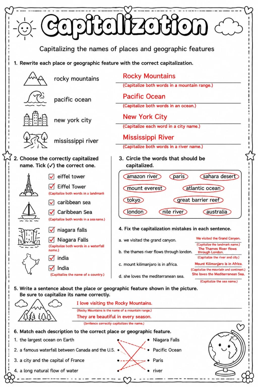 Answer key for Capitalizing the names of places and geographic features — free printable English & Reading worksheet