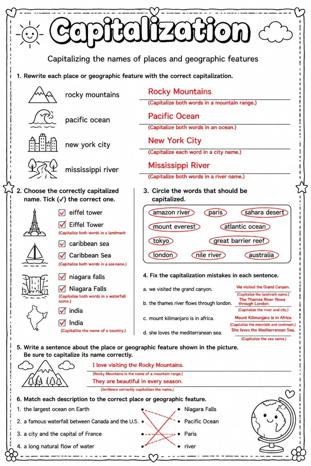 Answer key for Capitalizing the names of places and geographic features — free printable English & Reading worksheet