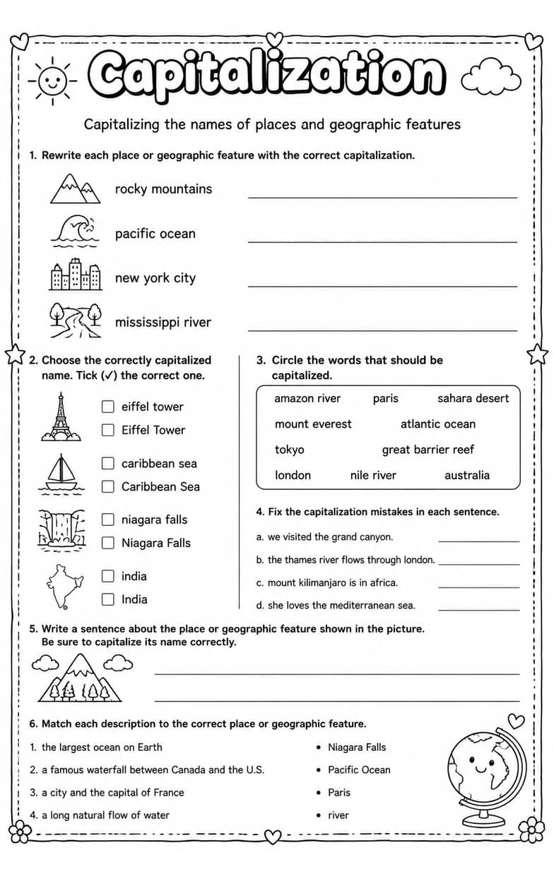 Capitalizing the names of places and geographic features — free printable Grade 3 English & Reading worksheet